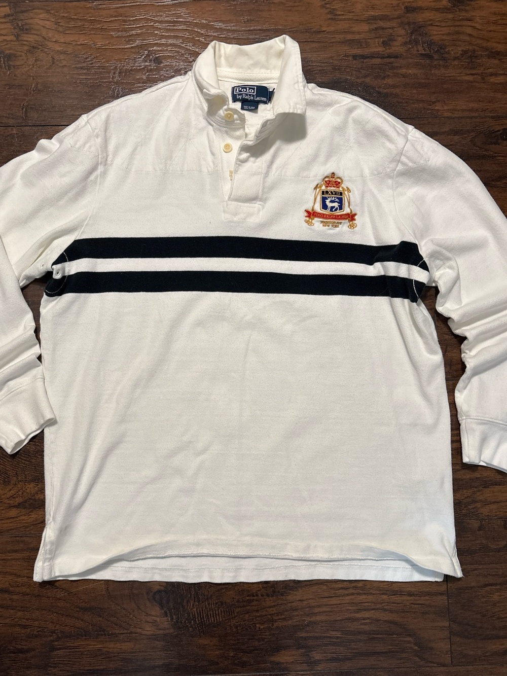 Vintage Ralph Lauren White Long-Sleeve Rugby Shirt with Navy Stripes and Crest